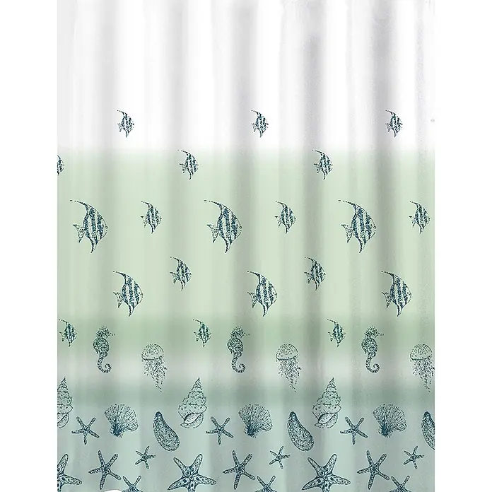 Euroshowers Duschvorhang Havsdans 180 x 200 cm Meereswelt Grün -  - Weiß-grüner Farbverlauf Duschvorhang mit blauen Meereslebewesen-Mustern: Fische, Seepferdchen, Quallen, Muscheln und Seesterne.