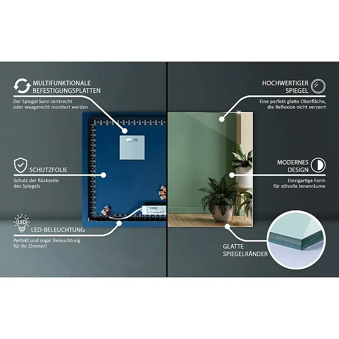 Tulup Wandspiegel -  - Ein beleuchteter Spiegel mit multifunktionalen Montageplatten und glatten Kanten, der seine hochwertige Oberfläche und modernes Design für jeden Raum zeigt.