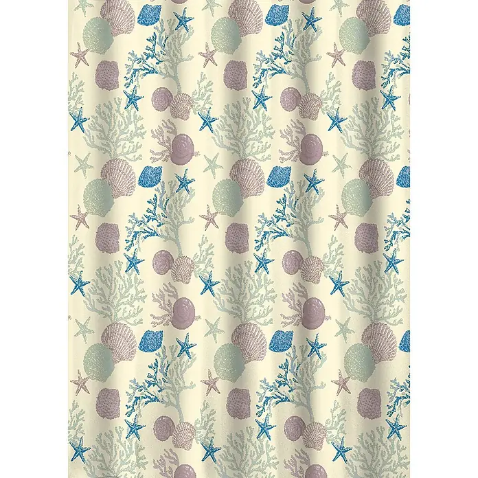 Euroshowers Duschvorhang Sjöbris 180 x 200 cm Meeresmotiv -  - Duschvorhang mit wiederkehrendem Muster aus Muscheln, Seesternen und Korallen in Pastellblau, Violett und Grün auf cremefarbenem Grund.