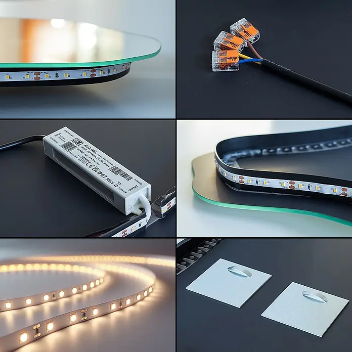 Unregelmäßiger LED-Spiegel -  - Verschiedene weiße LED-Lichtbandkomponenten, darunter beleuchtete Streifen, ein Netzteil und elektrische Verbinder.