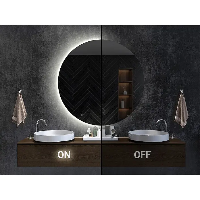 Tulup Wandspiegel -  - Runder LED-Badspiegel mit Doppelwaschtisch, links mit Licht, rechts ausgeschaltet.