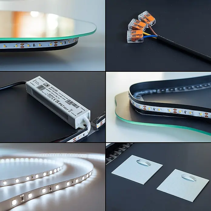 Lustro LED Barbapapa3 - Zimny - 45x100 cm -  - Verschiedene weiße LED-Beleuchtungskomponenten: flexible Streifen, Netzteil und orange WAGO-Klemmen für die Installation.
