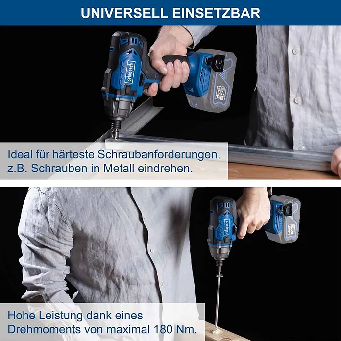 Scheppach IXES 20V Akku-Schlagschrauber C-ID180-X - 20 V, Ohne Akku, 180 Nm - Blauer und schwarzer Scheppach Akku-Schlagschrauber im Einsatz, beim Schrauben in Metall und Holz, der seine leistungsstarke Anwendung zeigt.