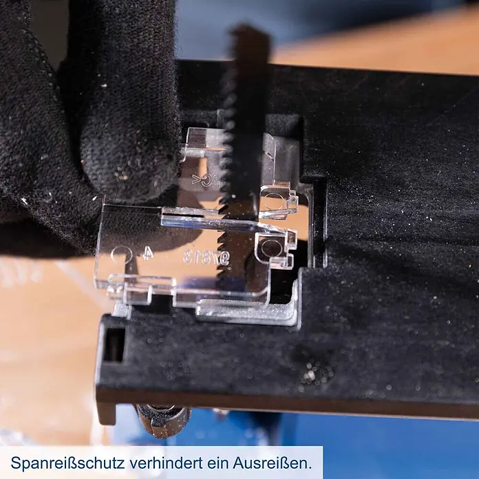 Scheppach IXES 20V Akku-Stichsäge BC-JS254-X - 20 V, Ohne Akku, Leerlaufhubzahl: 0 /min - 3.000 /min - Sägeblatt mit transparentem Splitterschutz an der Grundplatte, verhindert Ausreißen beim Sägen.