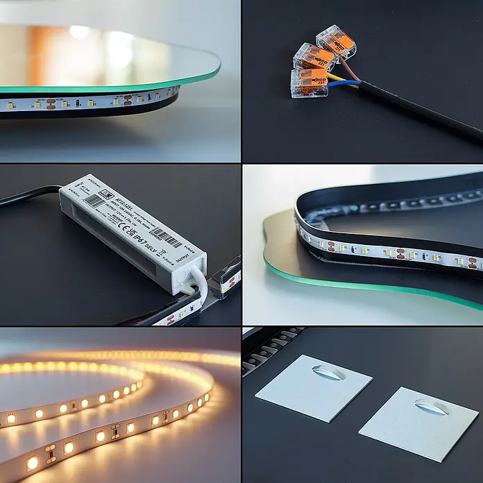 Tulup Wandspiegel -  - LED-Beleuchtungsinstallations-Kit mit warmweißem Streifen, IP67 Netzteil, WAGO-Klemmen und Montagezubehör.