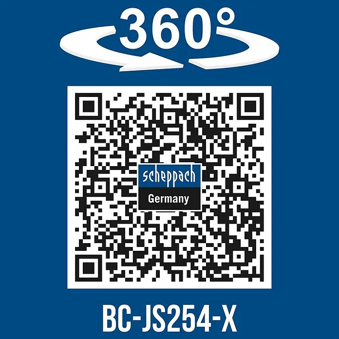 Scheppach IXES 20V Akku-Stichsäge BC-JS254-X - 20 V, Ohne Akku, Leerlaufhubzahl: 0 /min - 3.000 /min - 360°-Ansicht QR-Code für Scheppach Germany Produkt BC-JS254-X auf blauem Hintergrund.