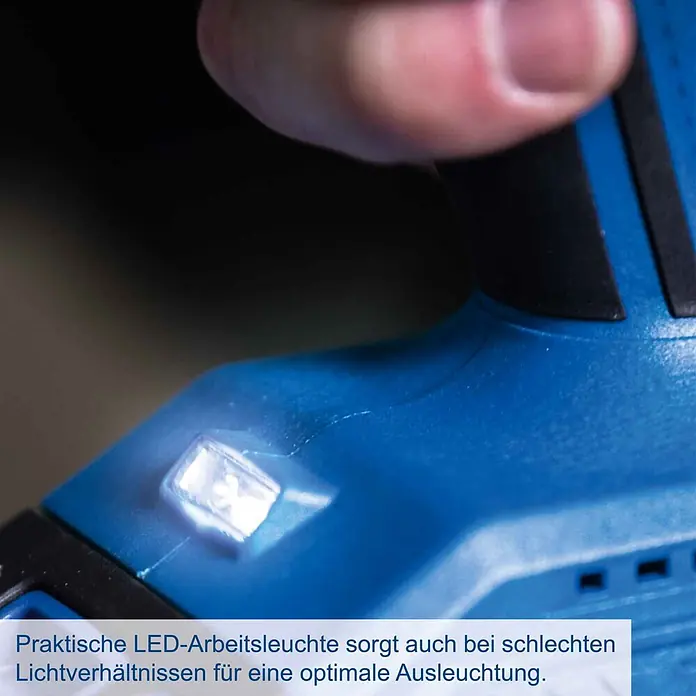 Scheppach IXES 20V Akku-Schlagbohrschrauber C-CD45-X - 20 V, Ohne Akku, 45 Nm - Blaues Elektrowerkzeug mit leuchtender integrierter LED-Arbeitsleuchte, die für optimale Beleuchtung sorgt.