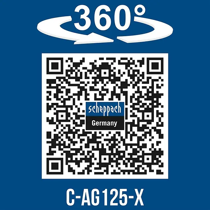 Scheppach IXES 20V Akku-Winkelschleifer C-AG125-X - Ohne Akku, Durchmesser Scheibe: 125 mm - Grafik mit 360°-Symbol, Scheppach Germany QR-Code und Modellnummer C-AG125-X für Produktansicht.