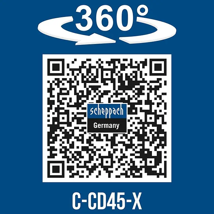 Scheppach IXES 20V Akku-Schlagbohrschrauber C-CD45-X - 20 V, Ohne Akku, 45 Nm - QR-Code für 360-Grad-Produktansicht (C-CD45-X) von Scheppach Germany.