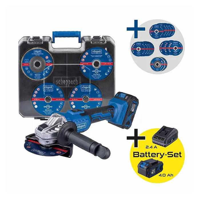 Scheppach IXES 20V Akku-Winkelschleifer Mobile Werkstatt C-ATB15/1-X - 1 Akku, 4 Ah, Durchmesser Scheibe: 125 mm - Blauer Akku-Winkelschleifer mit Griff, Koffer mit Schleif-/Trennscheiben und 2.4A Ladegerät mit 4.0Ah Akku.