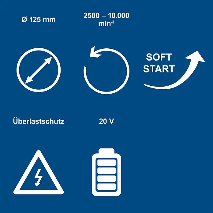 Scheppach IXES 20V Akku-Winkelschleifer C-AG125-X - Ohne Akku, Durchmesser Scheibe: 125 mm - Icons und Text mit Werkzeugspezifikationen: 125mm Durchmesser, 2500-10000 U/min, Sanftanlauf, Überlastschutz, 20V Akku.