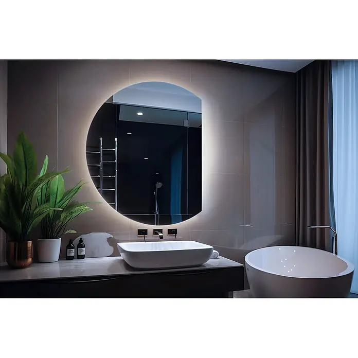 Lustro LED Rita - Zimny - 70x80 cm -  - Modernes Badezimmer mit hinterleuchtetem Rundspiegel, Aufsatzwaschbecken und freistehender Badewanne in zeitgenössischem Design.