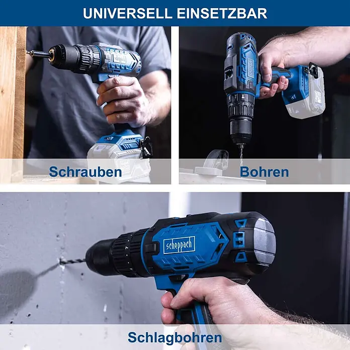 Scheppach IXES 20V Akku-Schlagbohrschrauber C-CD45-X - 20 V, Ohne Akku, 45 Nm - Blau-schwarzer Scheppach Akku-Bohrschrauber beim Schrauben, Bohren und Schlagbohren.