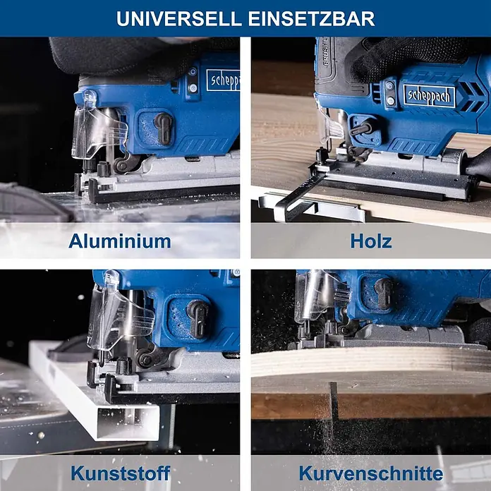 Scheppach IXES 20V Akku-Stichsäge BC-JS254-X - 20 V, Ohne Akku, Leerlaufhubzahl: 0 /min - 3.000 /min - Blaue Scheppach Stichsäge schneidet Aluminium, Holz, Kunststoff und führt Kurvenschnitte aus, was ihre vielseitige Anwendbarkeit zeigt.