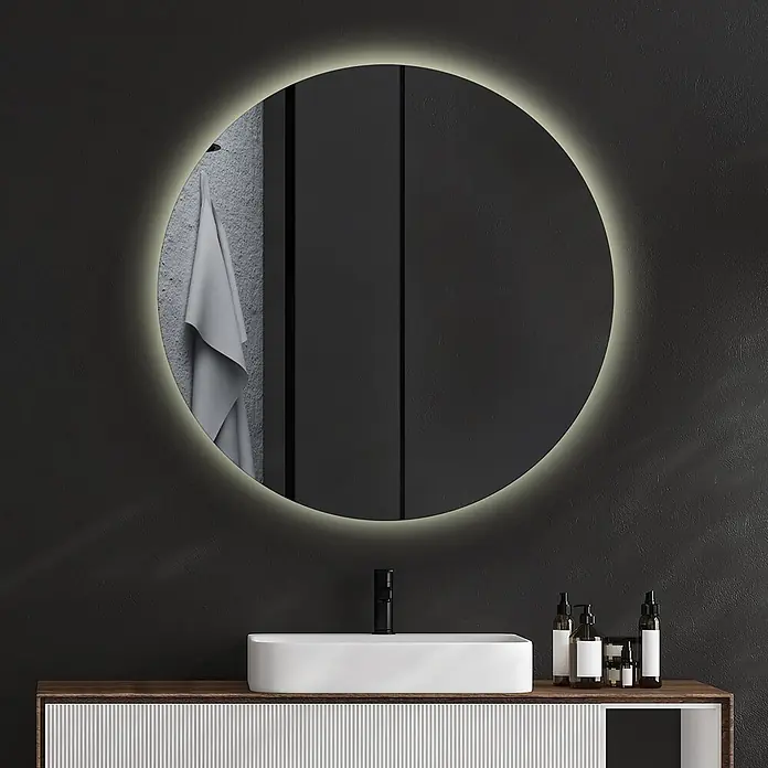 Tulup Wandspiegel -  - Runder LED-beleuchteter Badezimmerspiegel über einem weißen Waschbecken.