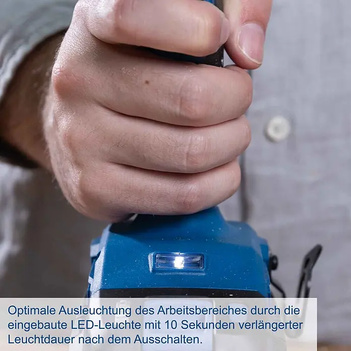 Scheppach IXES 20V Akku-Schlagschrauber C-ID180-X - 20 V, Ohne Akku, 180 Nm - Hand hält blaues Elektrowerkzeug mit leuchtender LED-Arbeitsleuchte.