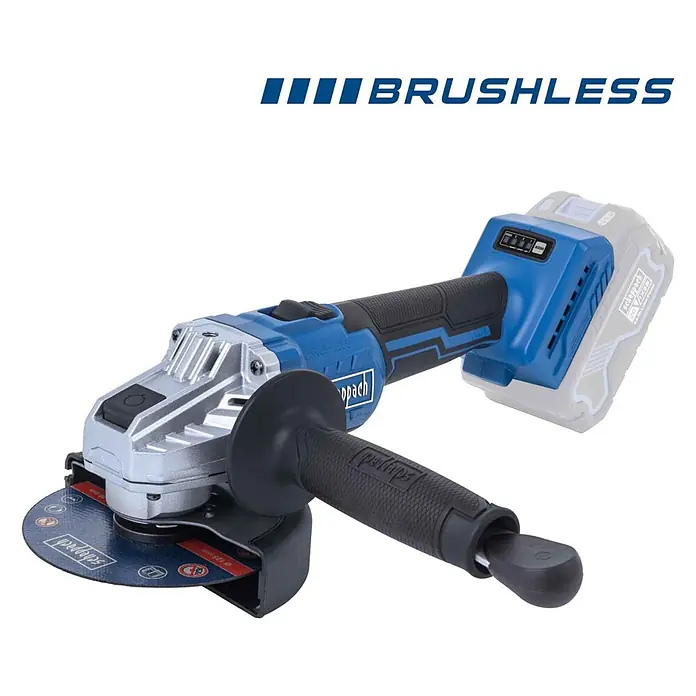 Scheppach IXES 20V Akku-Winkelschleifer BC-AG125P-X - 20 V, Ohne Akku, 7.000 U/min - 10.000 U/min - Blaue und silberne Scheppach Akku-Winkelschleifer mit bürstenlosem Motor, Trennscheibe und Zusatzgriff.
