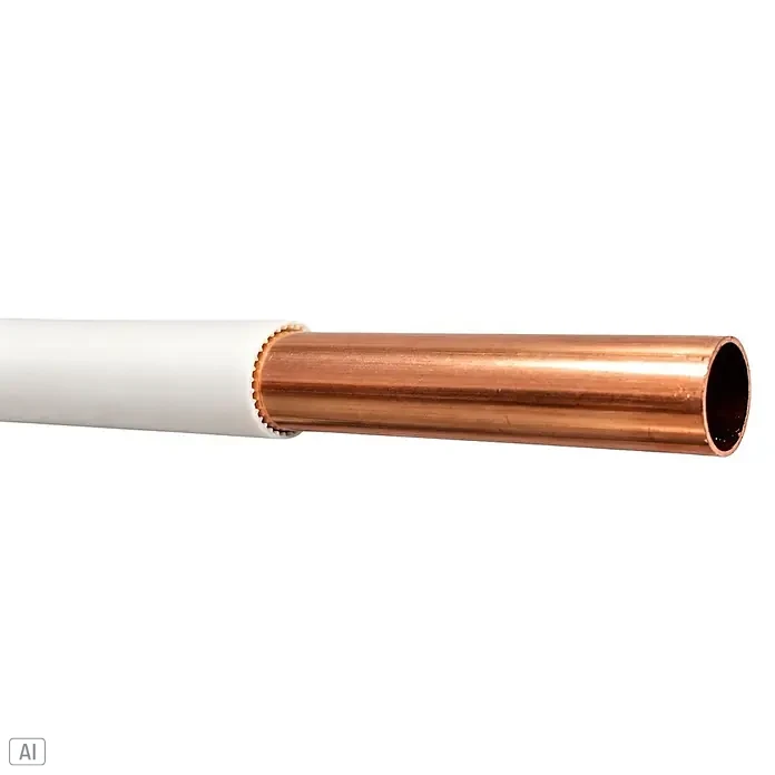 Kupferrohr - Durchmesser: 18 mm, Länge: 2.500 mm - Kupferrohr teilweise mit weißer Isolierung ummantelt.
