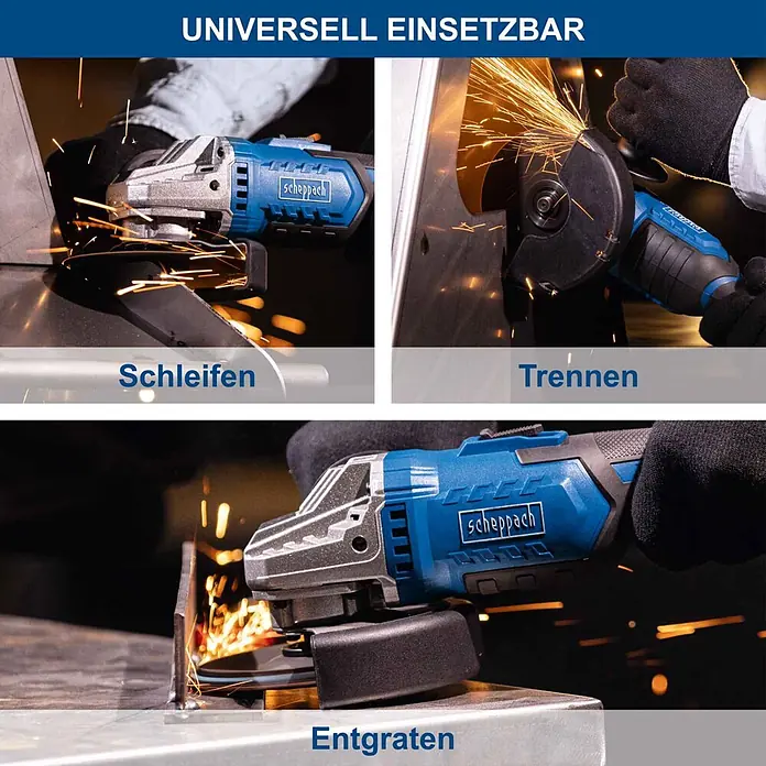 Scheppach IXES 20V Akku-Winkelschleifer C-AG125-X - Ohne Akku, Durchmesser Scheibe: 125 mm - Blaue Scheppach Winkelschleifer beim Schleifen, Trennen und Entgraten von Metall unter Funkenflug.