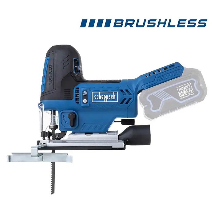 Scheppach IXES 20V Akku-Stichsäge BC-JS254-X - 20 V, Ohne Akku, Leerlaufhubzahl: 0 /min - 3.000 /min - Blaue und schwarze bürstenlose Akku-Stichsäge mit sichtbarem Akku und Sägeblatt.