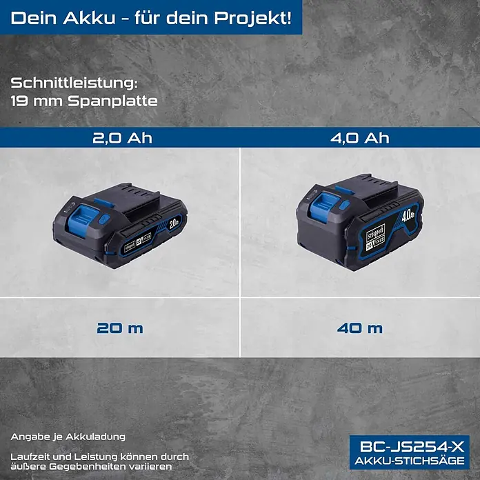 Scheppach IXES 20V Akku-Stichsäge BC-JS254-X - 20 V, Ohne Akku, Leerlaufhubzahl: 0 /min - 3.000 /min - Scheppach Akkus (2,0 Ah und 4,0 Ah) im Vergleich, zeigen die Schnittlänge von 19 mm Spanplatte für eine Akku-Stichsäge.
