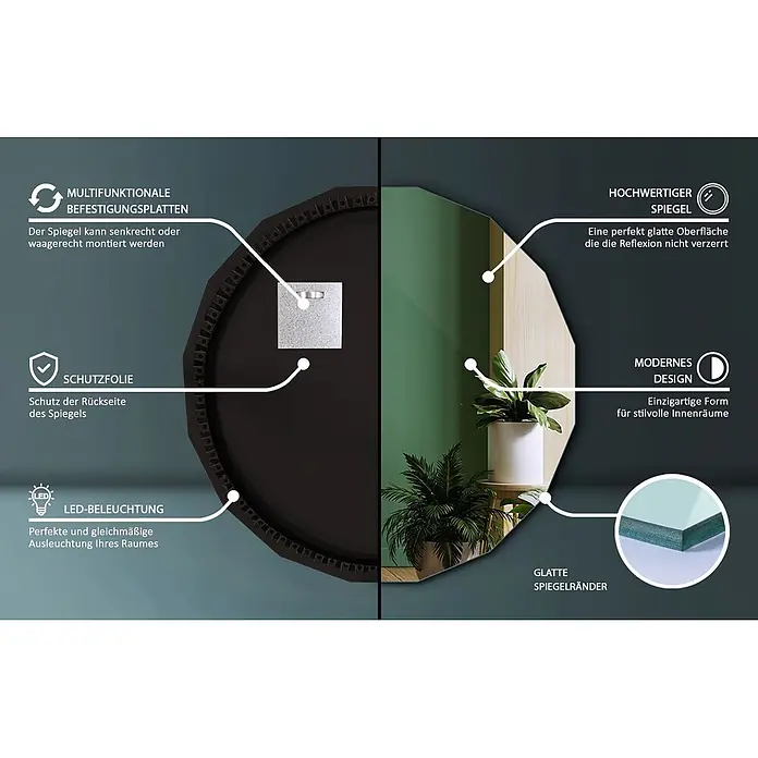 Tulup Wandspiegel -  - Ein moderner LED-Wandspiegel mit facettiertem Design, glatten Kanten und vielseitigen Montagemöglichkeiten.