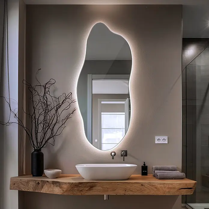 Lustro LED Barbapapa3 - Zimny - 45x100 cm -  - Ein beleuchteter, unregelmäßiger Spiegel über einem Waschtisch aus Massivholz mit einer weißen Aufsatzspüle in einem modernen Bad.