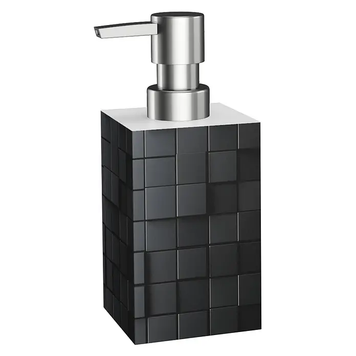SANILO Seifenspender Cube - L x B x H: 7 x 7 x 12 cm, Kunststoff, Schwarz - Rechteckiger schwarzer Seifenspender mit texturiertem Würfelmuster und silberner Metallpumpe.