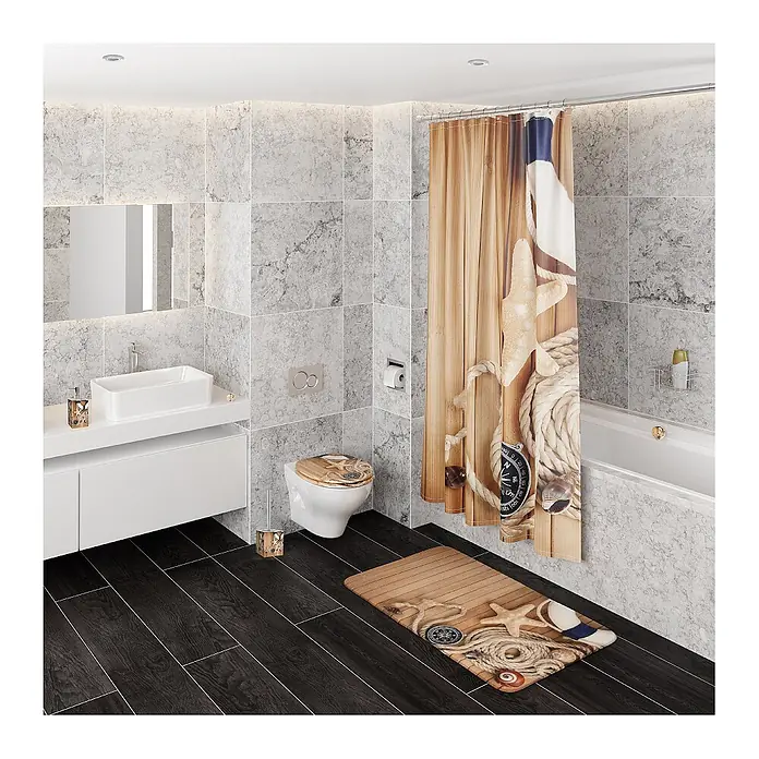 SANILO Seifenspender Maritime - L x B x H: 7 x 7 x 12 cm, Kunststoff, Beige - Maritimes Badset: Duschvorhang, Toilettensitz, Badematte und Accessoires mit Holz-, Seil-, Seestern- und Kompassmotiven.