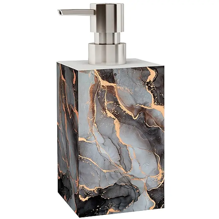 SANILO Seifenspender Marmor Abstrakt - L x B x H: 7 x 7 x 12 cm, Kunststoff, Grau - Quadratischer Seifenspender mit schwarz-grauem und goldenem Marmormuster, silberner Pumpe.