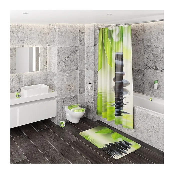 SANILO Seifenspender Harmony 2 - L x B x H: 7 x 7 x 12 cm, Kunststoff, Grün - Badezimmer-Set mit Duschvorhang, Toilettensitzbezug und Badematte im Zen-Design mit grünen Blättern und schwarzen Steinen.