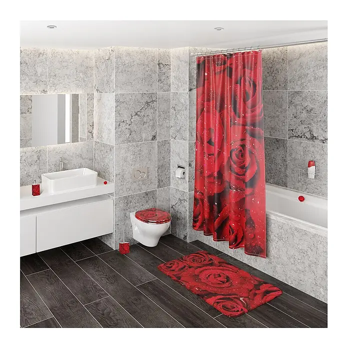SANILO Seifenspender Rosen - L x B x H: 7 x 7 x 12 cm, Kunststoff, Rot - Ein lebhaftes Badezimmer-Set mit rotem Rosenmuster, bestehend aus Duschvorhang, Toilettendeckel, Badematte und passenden Accessoires.
