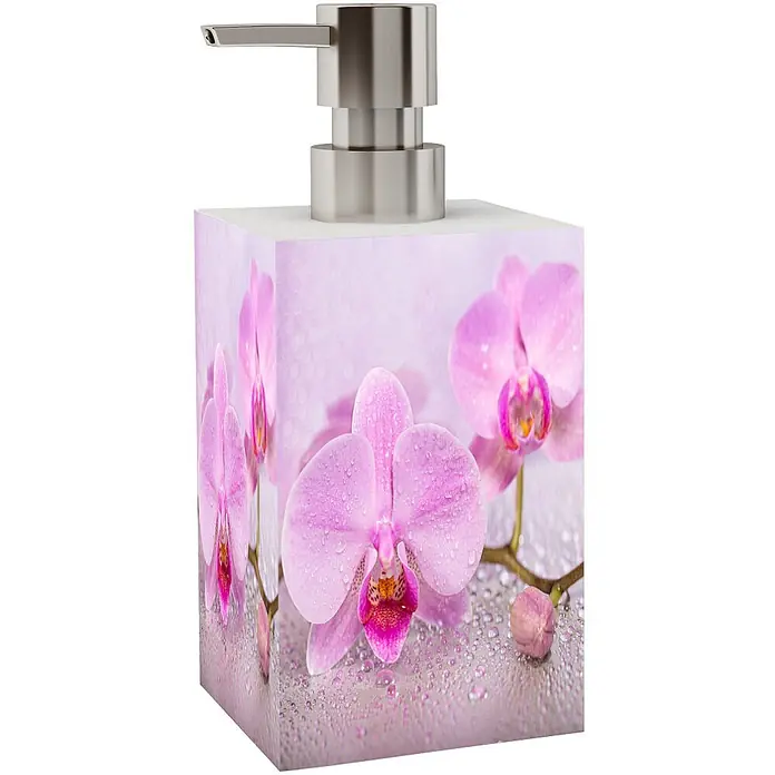 SANILO Seifenspender Blooming - L x B x H: 7 x 7 x 12 cm, Kunststoff, Rosa - Rechteckiger Seifenspender mit lebhaftem rosa Orchideen- und Wassertropfen-Design, oben mit einer gebürsteten Silberpumpe.