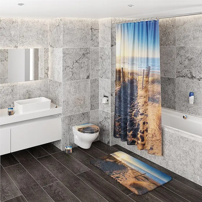 SANILO Seifenspender Düne - L x B x H: 7 x 7 x 12 cm, Kunststoff, Beige - Badezimmer-Set mit Strand- und Dünen-Sonnenuntergangs-Druck, bestehend aus Duschvorhang, Toilettendeckel und Badematte.