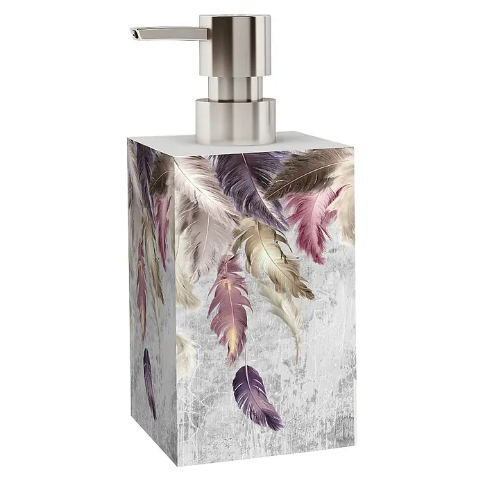 SANILO Seifenspender Federn - L x B x H: 7 x 7 x 12 cm, Kunststoff, Lila - Quadratischer Seifenspender mit mehrfarbigem Federndesign auf grauem Korpus und gebürsteter Metallpumpe.