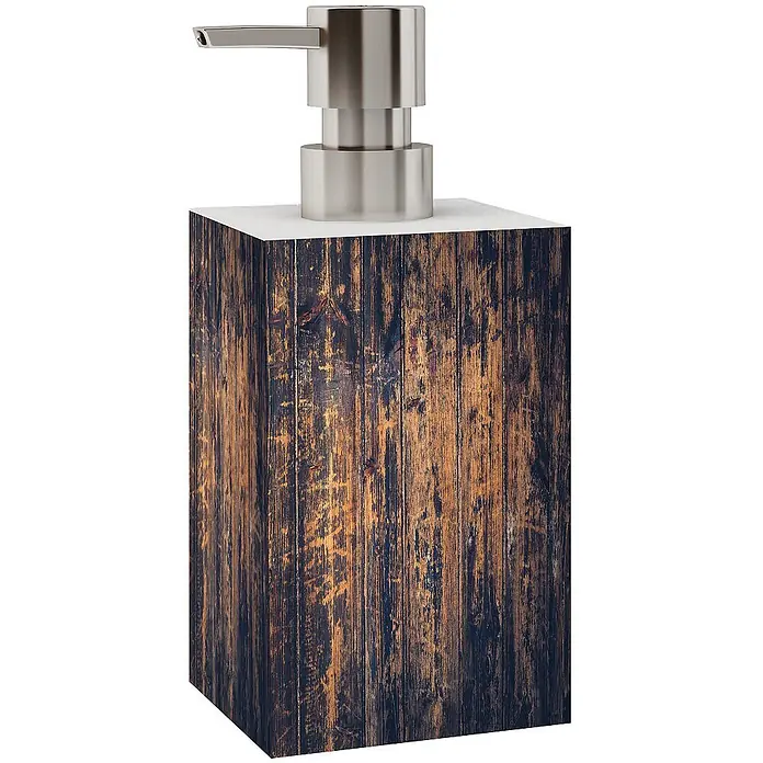 SANILO Seifenspender Vintage - L x B x H: 7 x 7 x 12 cm, Kunststoff, Braun - Quadratischer Seifenspender mit dunkler Holztextur und silberner Pumpe.