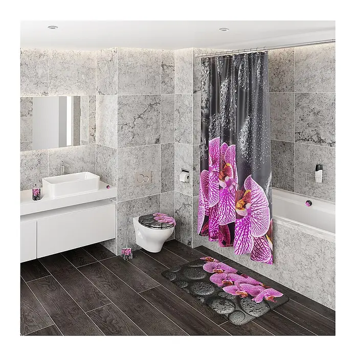 SANILO Seifenspender Madeira - L x B x H: 7 x 7 x 12 cm, Kunststoff, Schwarz - Koordinierte Badgarnitur mit rosa Orchideen-Design: Duschvorhang, Badematte, Toilettensitzbezug, Seifenspender, WC-Bürste im modernen Bad.