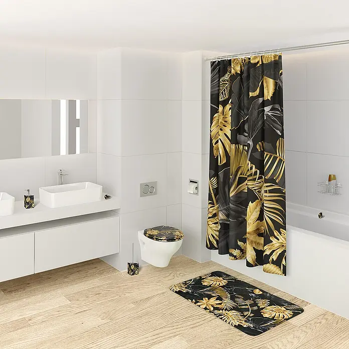 SANILO Seifenspender Golden Leaves - L x B x H: 7 x 7 x 12 cm, Kunststoff, Gold - Badezimmer mit Duschvorhang, Badematte, Toilettensitz und passenden Accessoires im schwarz-goldenen Tropenblattmuster.