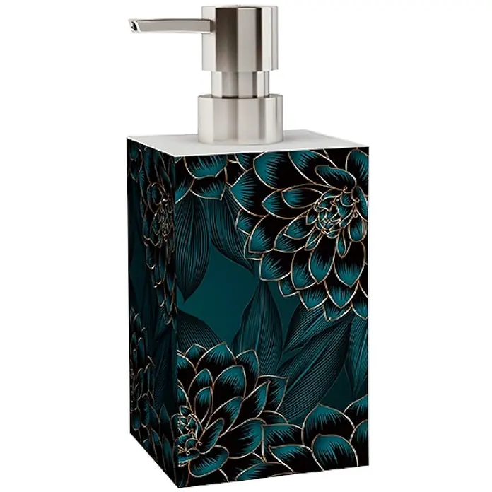 SANILO Seifenspender Dahlien - L x B x H: 7 x 7 x 12 cm, Kunststoff, Blau - Rechteckiger Seifenspender mit dunkelblaugrünem und goldenem Blumenmuster, gebürsteter Silberpumpe.