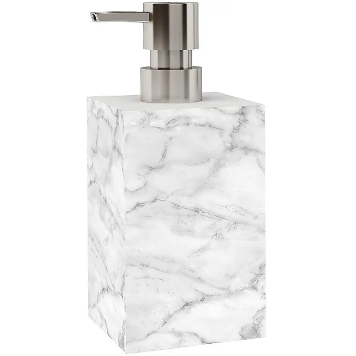 SANILO Seifenspender Marmor - L x B x H: 7 x 7 x 12 cm, Kunststoff, Grau - Rechteckiger Seifenspender mit weißem Marmor-Effekt-Körper und silberner Pumpe.