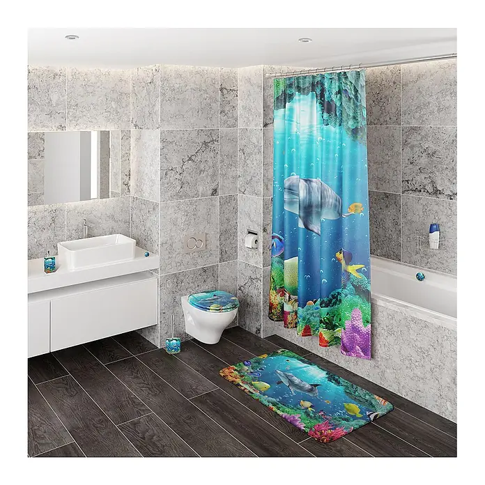 SANILO Seifenspender Delphin Korallen - L x B x H: 7 x 7 x 12 cm, Kunststoff, Blau - Lebhaftes Badset mit Ozean-Motiven: Duschvorhang, Toilettendeckel, Badematte, Seifenspender und WC-Bürstenhalter mit Delfinen und Korallen.