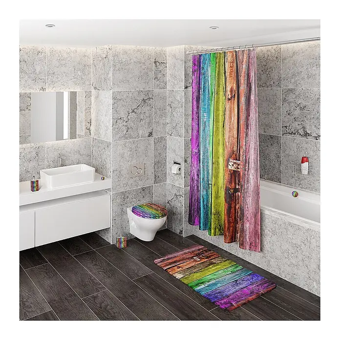 SANILO Seifenspender Rainbow - L x B x H: 7 x 7 x 12 cm, Kunststoff, mehrfarbig - Bad mit Duschvorhang, Toilettendeckel, Badematte und Accessoires im Regenbogen-Holzplankenmuster.