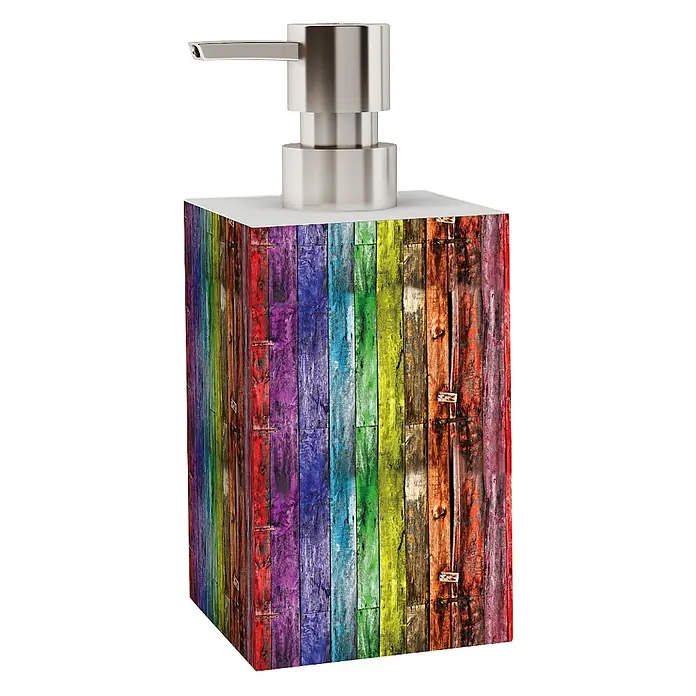 SANILO Seifenspender Rainbow - L x B x H: 7 x 7 x 12 cm, Kunststoff, mehrfarbig - Regenbogenfarbener Holzseifenspender mit gebürsteter Metallpumpe.