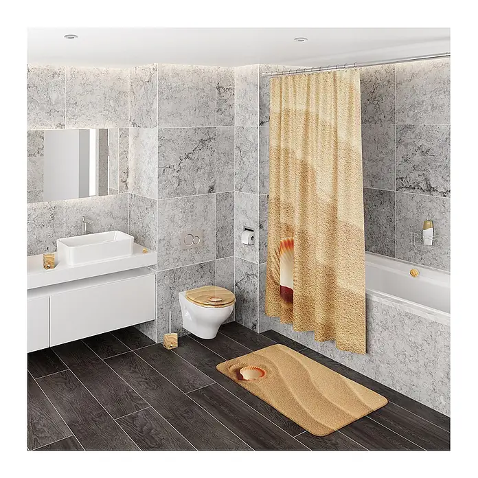SANILO Seifenspender Clam - L x B x H: 7 x 7 x 12 cm, Kunststoff, Beige - Sandfarbener Duschvorhang und passende Badematte mit Muscheldesign in einem modernen Badezimmer.