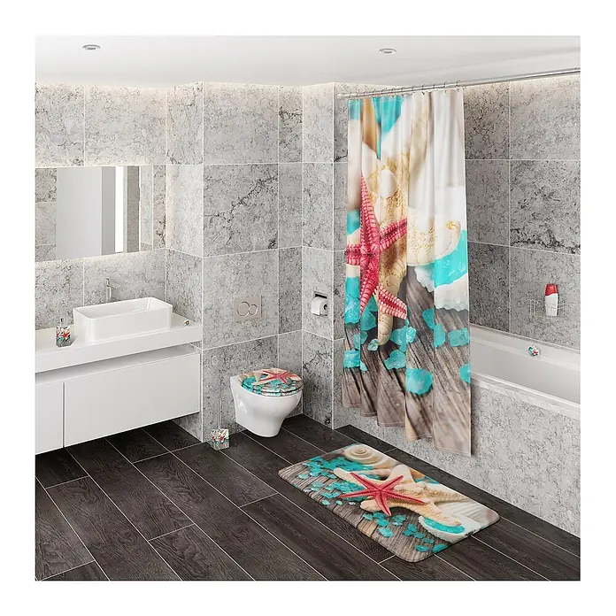 SANILO Seifenspender Bath Salts - L x B x H: 7 x 7 x 12 cm, Kunststoff, Blau - Badezimmer-Set mit Duschvorhang, Toilettensitzbezug und Badematte im Strandthema, mit roten Seesternen und Muscheln.