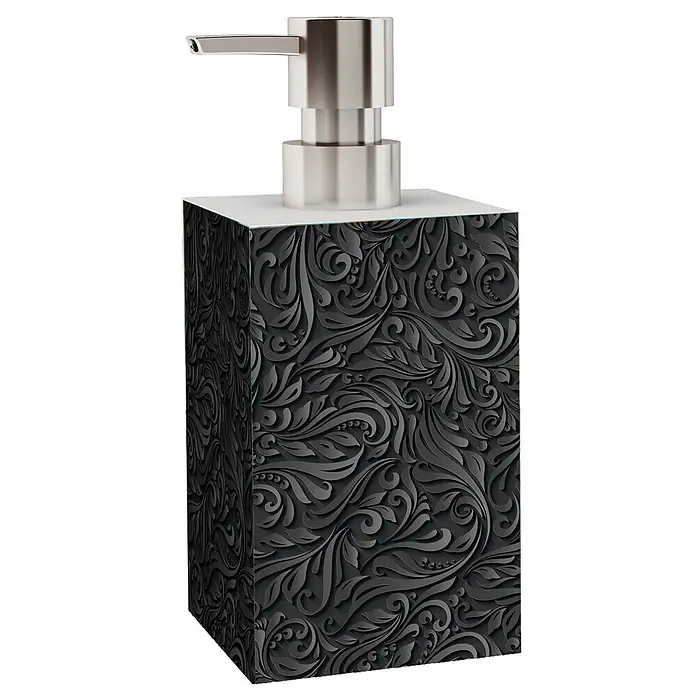 SANILO Seifenspender Floral - L x B x H: 7 x 7 x 12 cm, Kunststoff, Schwarz - Quadratischer schwarzer Seifenspender mit geprägtem Blumenmuster und silberner Pumpe.
