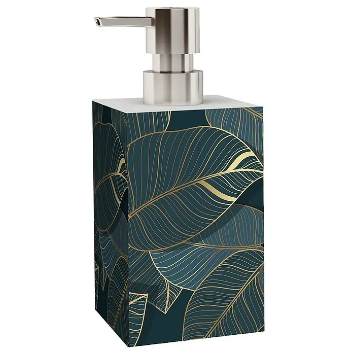SANILO Seifenspender Monstera - L x B x H: 7 x 7 x 12 cm, Kunststoff, Grün - Rechteckiger Seifenspender mit dunkelblaugrünem Gehäuse, goldenem Blattmuster und silberner Pumpe.