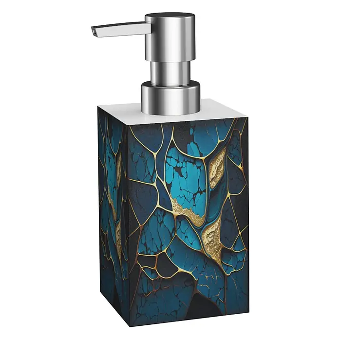 SANILO Seifenspender Marmor Cobalt - L x B x H: 7 x 7 x 12 cm, Kunststoff, Blau - Quadratischer Seifenspender mit Metallpumpe und abstraktem blau-goldenem Rissmuster.