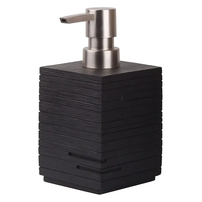 SANILO Seifenspender Calero Schwarz - L x B x H: 7 x 7 x 12 cm, Kunststoff, Schwarz - Schwarzer, strukturierter, quadratischer Seifenspender mit gebürsteter Metallpumpe.
