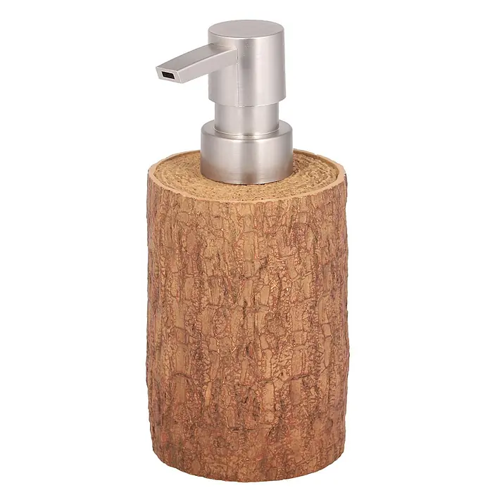 SANILO Seifenspender Rustikal - L x B x H: 7 x 7 x 12 cm, Kunststoff, Braun - Seifenspender in Holzoptik mit Rindenstruktur und gebürsteter Metallpumpe.
